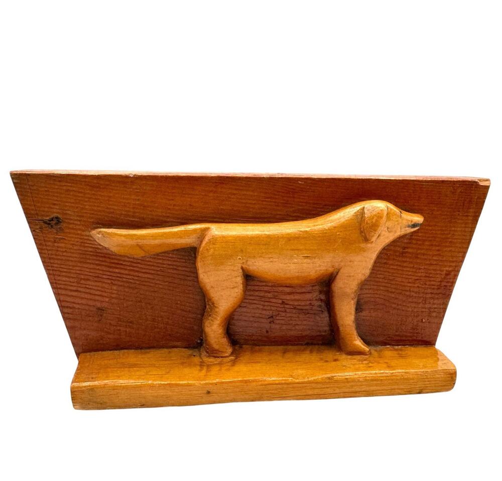Vtg Wood Dog Sculpture Hand Carved Bookend Primitive Signed 1947 Wooden MCM Art
